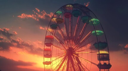 A Ferris wheel with its bright colored gondolas against a sunset sky