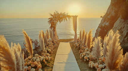 Romantic sunset wedding ceremony on a cliff overlooking the ocean.  Floral arch and aisle.