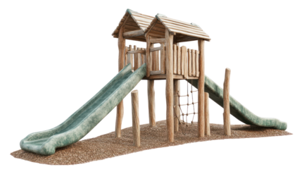 A wooden playground structure featuring two slides, perfect for children's outdoor play and recreational activities in a safe, engaging environment.