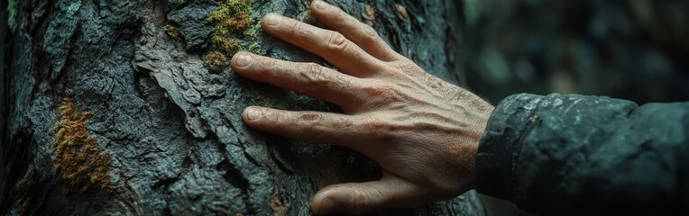 A serene hand touching moss on a tree trunk in the forest, symbolizing a connection to nature. Ideal for conservation and Earth Day projects.