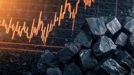 A close-up of coal pieces with a dynamic stock market graph in the background, symbolizing the connection between natural resources and financial trends.