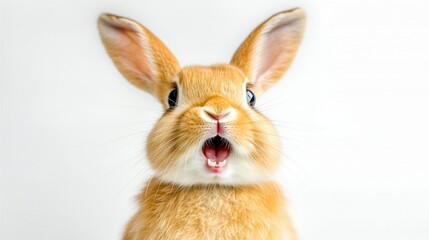 Surprised Brown Rabbit with Open Mouth on White Background