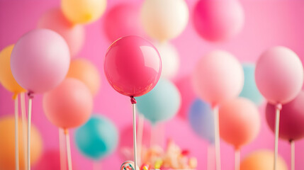 A colorful assortment of balloons against a pink background, creating a festive atmosphere.