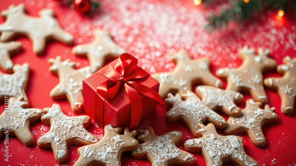 Poster A festive red box with a satin bow sits nestled amongst a scattering of sugared gingerbread reindeer cookies on a vibrant red surface.