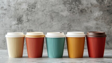 A row of colorful coffee cups with ribbed paper, arranged against a textured background, showcasing a variety of colors and styles.