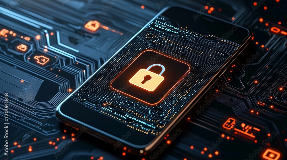 Poster cyber security: a close-up of a smartphone displaying a glowing padlock icon, resting on a circuit b