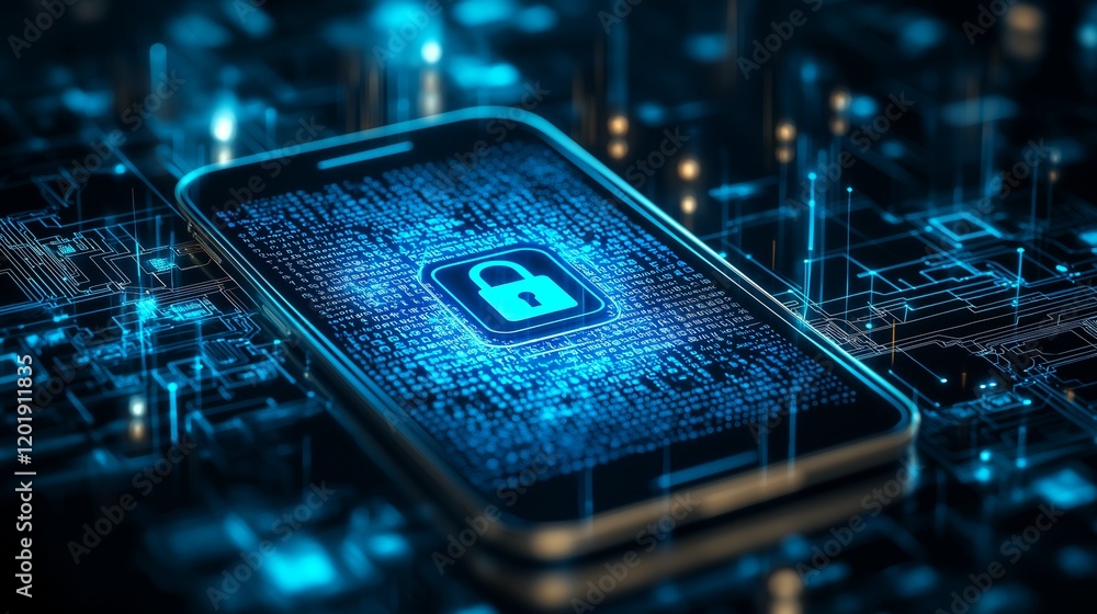 Aufkleber cybersecurity smartphone: a smartphone displays a digital lock icon on its screen, embedded within a