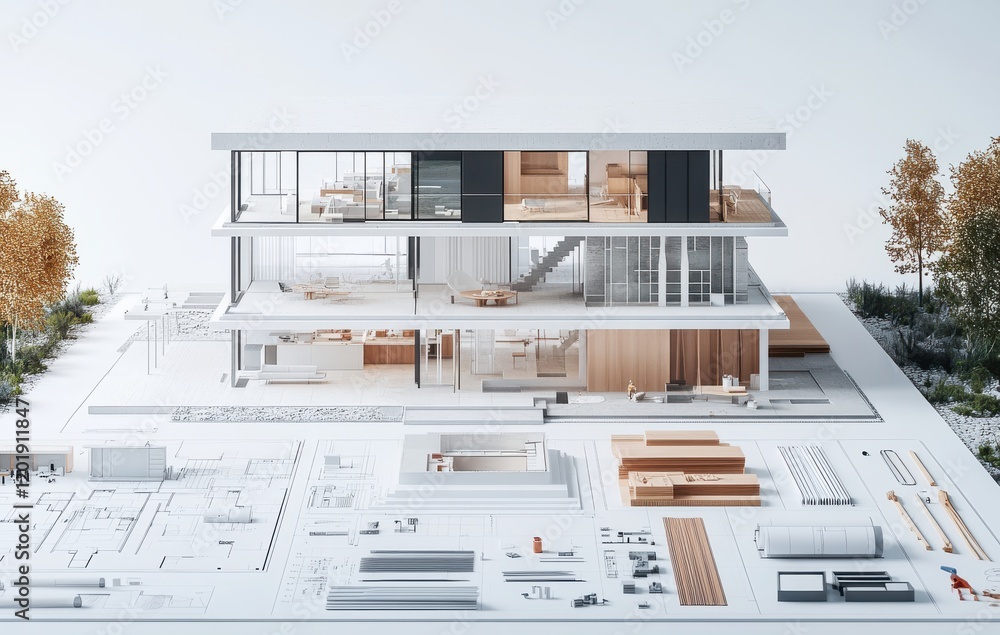 Poster modern architectural model displaying three-story residential design with clean lines, open spaces, 