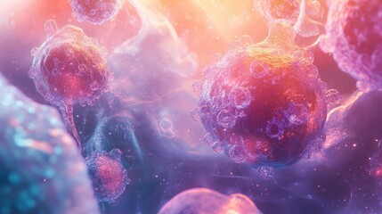 Virus particles interacting with human cells, [virus, medical breakthrough, research concept], [scientific realism, intricate detail, vibrant lighting]