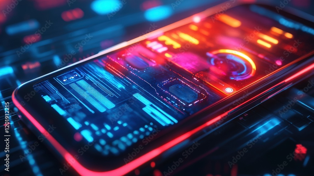 Poster a vibrant close-up of a sleek smartphone with a glowing screen displaying a futuristic user interfac