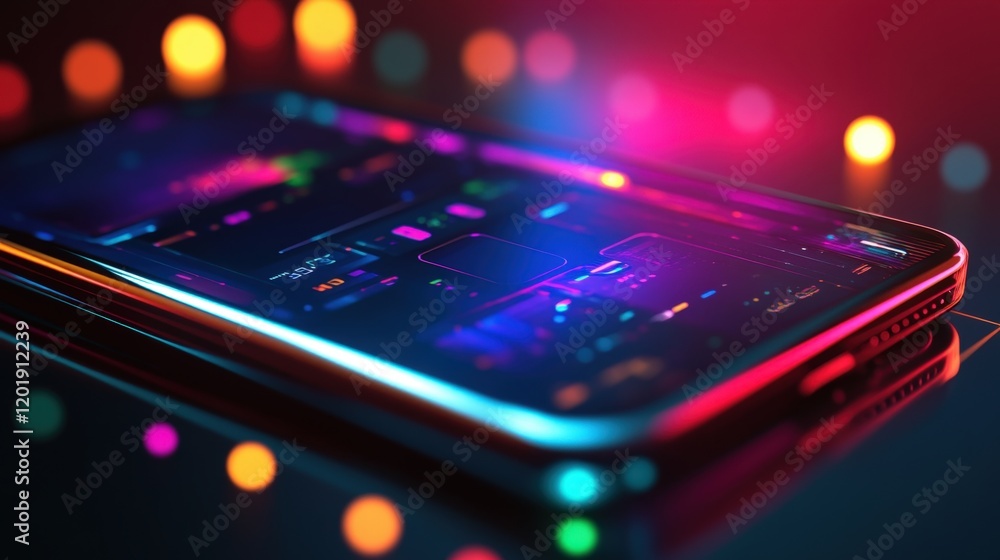 Poster a vibrant close-up of a sleek smartphone with a glowing screen displaying a futuristic user interfac