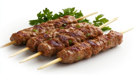 Delicious grilled meat skewers on sticks.