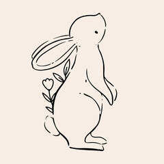 Line Art Bunny and Floral Illustration. Hand Drawn Rabbits. Cute Bunny Rabbit Outline Sketch. Easter Bunny Line Art.