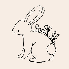 Line Art Bunny and Floral Illustration. Hand Drawn Rabbits. Cute Bunny Rabbit Outline Sketch. Easter Bunny Line Art.