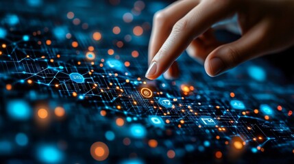 Futuristic Startup Concept: Hand Interacting with Tablet Interface, Animated Business Icons and Connections