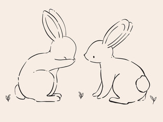Line Art Bunny and Floral Illustration. Hand Drawn Rabbits. Cute Bunny Rabbit Outline Sketch. Easter Bunny Line Art.