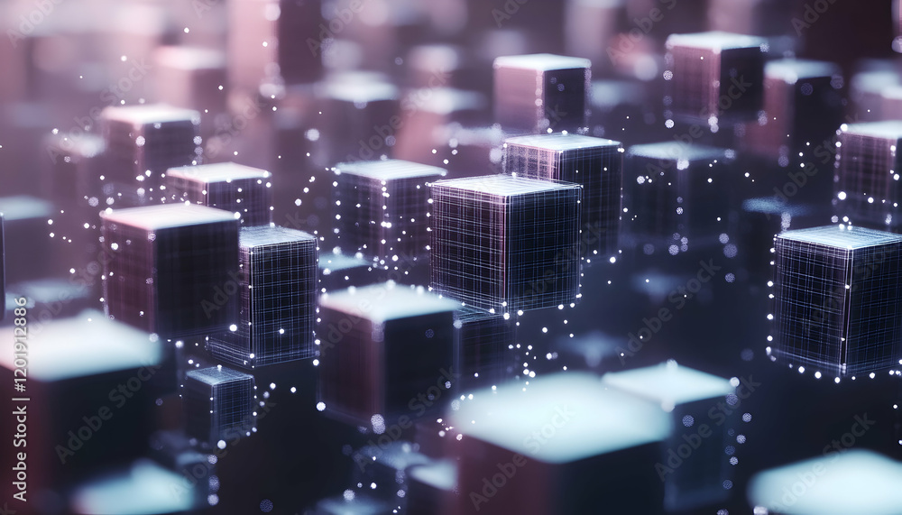 Poster abstract digital landscape of interconnected glowing cubes, representing data, technology, and netwo