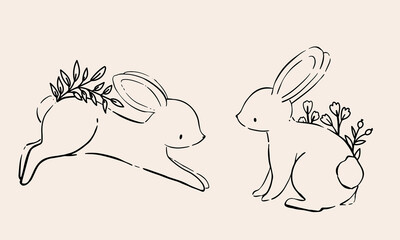 Line Art Bunny and Floral Illustration. Hand Drawn Rabbits. Cute Bunny Rabbit Outline Sketch. Easter Bunny Line Art.