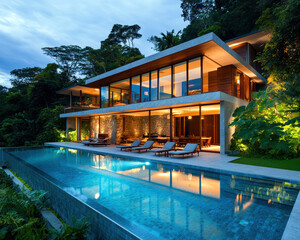 Fototapeta premium A stunning modern villa nestled in nature, featuring a spacious pool, ambient lighting, and an elegant design that blends seamlessly with the lush surroundings, perfect for relaxation.