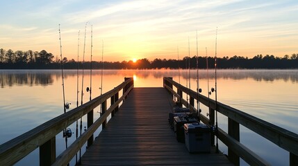 Fototapeta premium A fishing pier extending over calm waters at sunrise, with rods and tackle boxes ready
