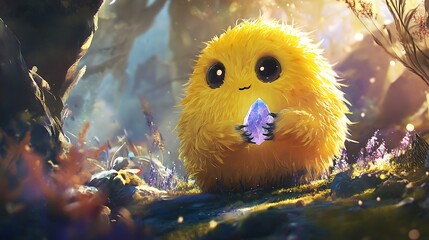 A bright yellow fluffy monster holding a magical crystal in a dreamy landscape