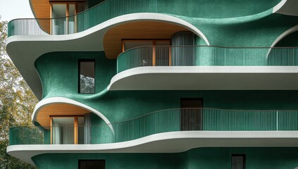 Fototapeta premium Modern Architecture with Curved Facades and Green Exterior, Highlighting Organic Designs, Balconies, and Contemporary Building Aesthetics