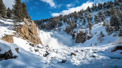 A massive snow avalanche rushes down the mountain slope, its billowing white wave illuminated by the sharp winter sunlight.