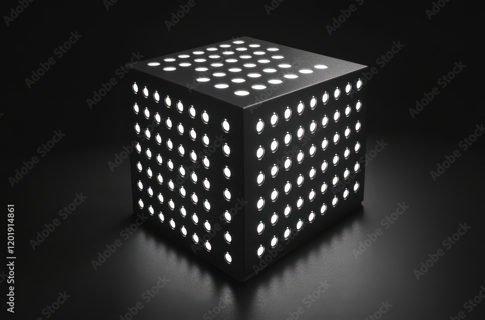 Poster modern geometric light source with unique patterns illuminating a dark surface in contemporary minim