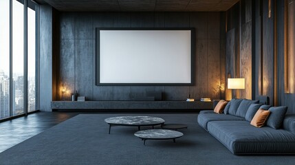 Modern Living Room with Minimalist Design and Large Screen Display