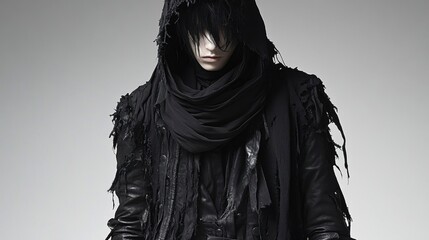 Mysterious figure in dark, tattered clothing and hooded garment