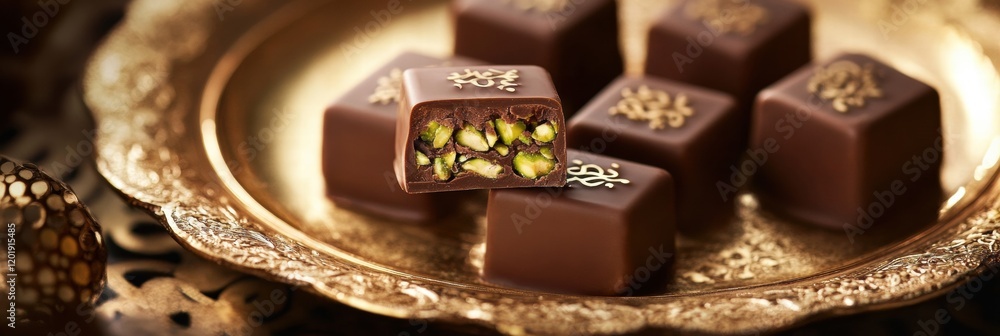 Poster delicious cut chocolate with pistachio filling served on an elegant golden plate adorned with intric