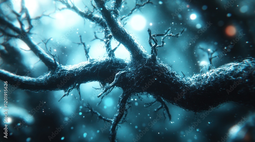 Poster ethereal branch illuminated by mysterious glow: a close-up view of a textured, organic form with an 