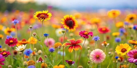 Fototapeta premium A field of colorful wildflowers swaying gently in the breeze, wildflowers, nature, field of flowers