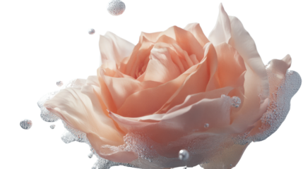 A delicate peach rose adorned with soft droplets, showcasing elegance and beauty. Perfect for conveying romance, nature, or peaceful moments.