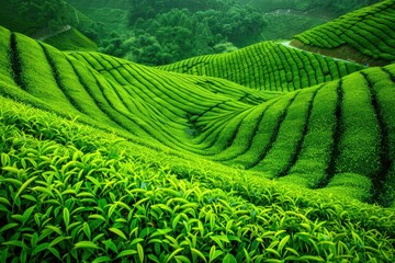 A Serene, EmeraldGreen Tea Plantation on Rolling Hills, with Tea Bushes Neatly Arranged in Rows