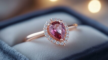 Elegant rose gold engagement ring with pink gemstone and diamond accents in velvet box