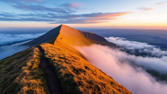 A breathtaking mountain ridge bathed in golden sunset light, with rolling clouds below and a serene horizon stretching into the distance.