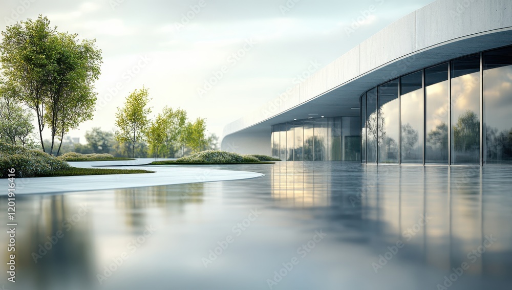 Poster modern minimalist architecture with large glass panels in an urban landscape, reflecting nature and 