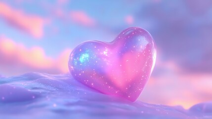 Sparkling heart in dreamy pastel landscape with celestial glow