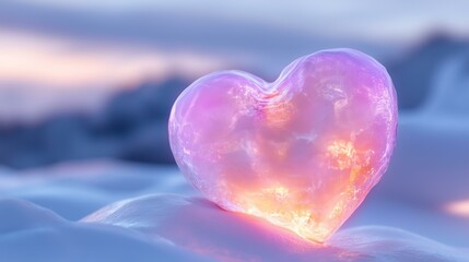 Fototapeta premium Glowing heart shaped crystal on snowy surface with warm pink light