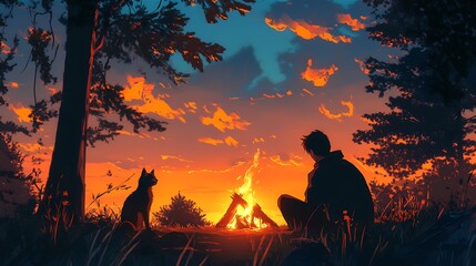 Person With Cat Sitting By Campfire In Forest During Sunset Sky