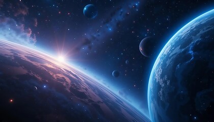 Obraz premium planets in a blue, sunlit environment surrounded by other planets stars and natural satellites