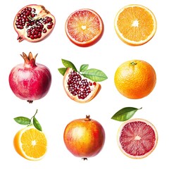 Pomegranate Oranges and Grapefruit Citrus Fruits Assortment on White Background Food Still Life