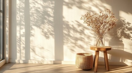 Sunlit Room with Dried Flowers on Wooden Table and Natural Decor