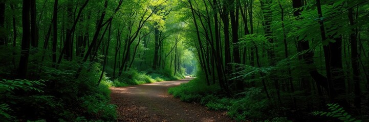 Fototapeta premium A forest path winding through a thicket of foliage, moss, natural scenery, leafy undergrowth