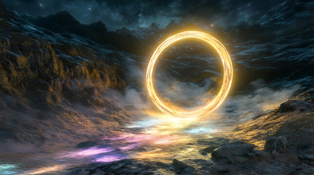 A surreal landscape of a glowing portal hovering above a rocky terrain, with soft light streaming out of the portal and casting colorful reflections on the ground