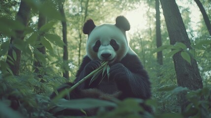 Obraz premium Adorable Giant Panda Eating Bamboo in Serene Forest Environment