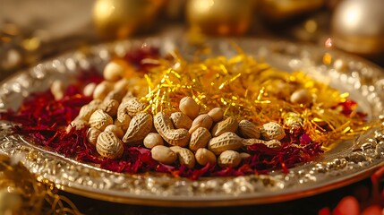 Fototapeta premium The seed on a shiny platter with holiday ornaments adorned with peanuts and threads of saffron
