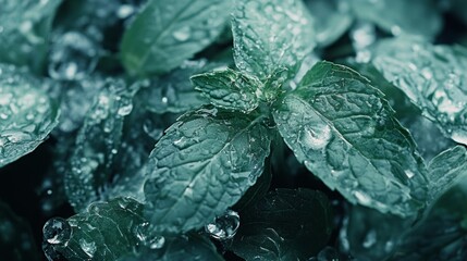 Fresh mint leaves with water droplets.