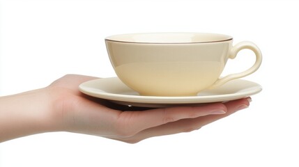 Elegant Hand Holding Cream Cup with Saucer on White Background